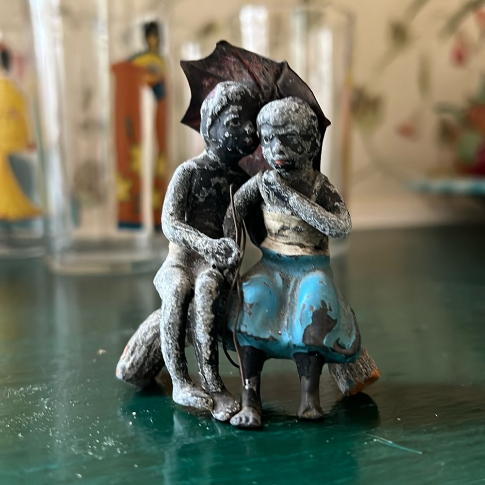 1920s Austrian Cast Iron Black Boy + Girl on Tree Stump with metal umbrella